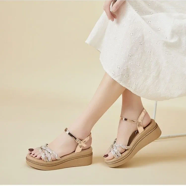 Dress Shoes Womens Sandals 2024 Open Toe Gold Rhinestone Female Summer Fashion Thick Bottom Slope With Ladies Women