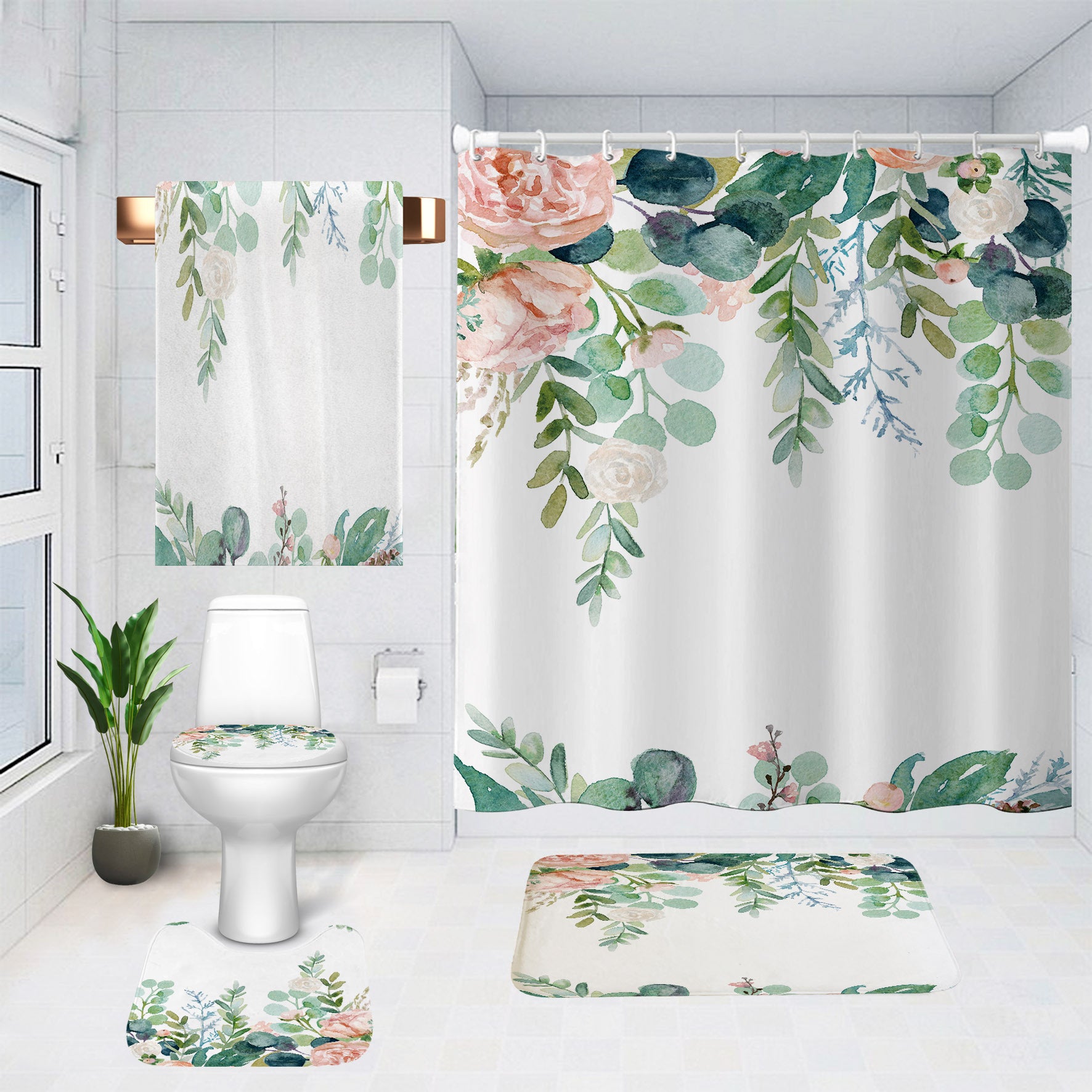 YL-37152 digital shower curtain cross-border plant flower waterproof polyester bathroom four-piece set dry and wet separation moisture-proof