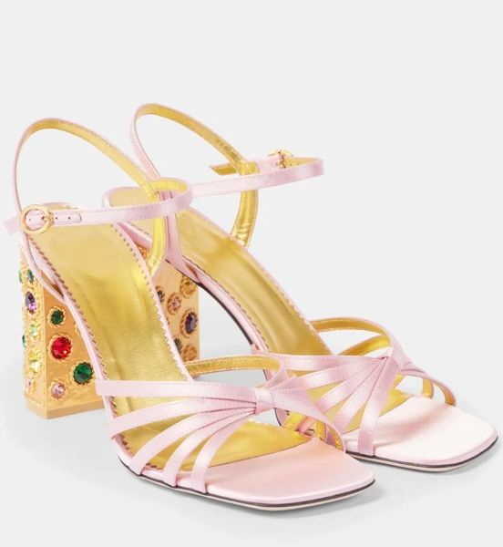 Elegant Women Preshoes 90 Embellished Satin Sandals Shoes Square Open Toe Crystals Block Heel Lady Evening Party Perfect Walking EU35-41