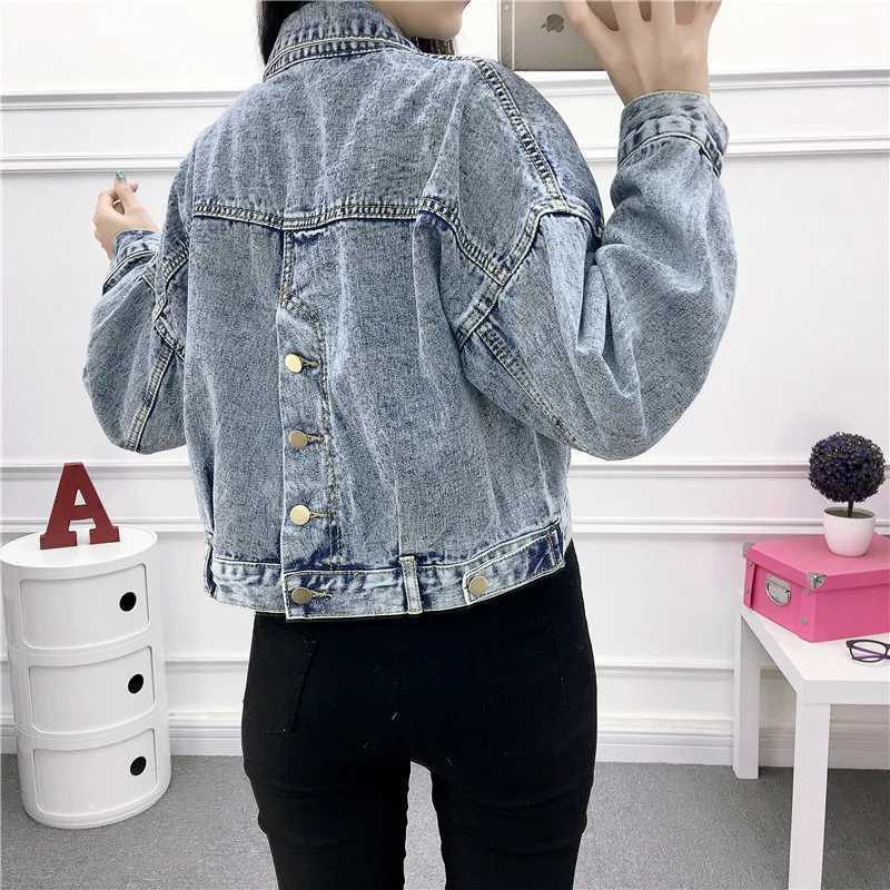 Jean Jacket for Women Spring Autumn New Korean Bat Sleeved Short Top Loose BF Style Student Fashion Turn-down Collar Denim CoatX240920