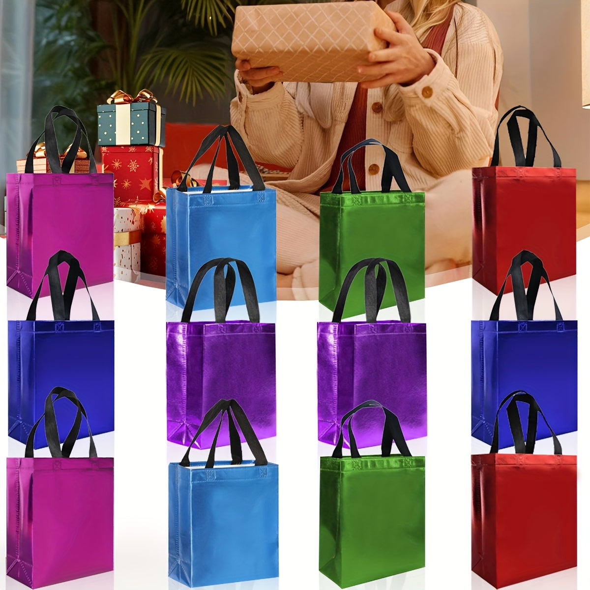 TEMU 12pcs Hot Mixed Colors Gift Bags With A Glossy Finish - Perfect As Pink Goodie Bags Birthday Bags Party Favor Bags Pink Blue Green White