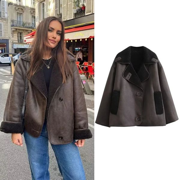 TRAF Woman Thick Faux Leather Jackets for Women Autumn Winter Warm Wool Blends Coats Demi-season Plush Jacket Outerwear 241224