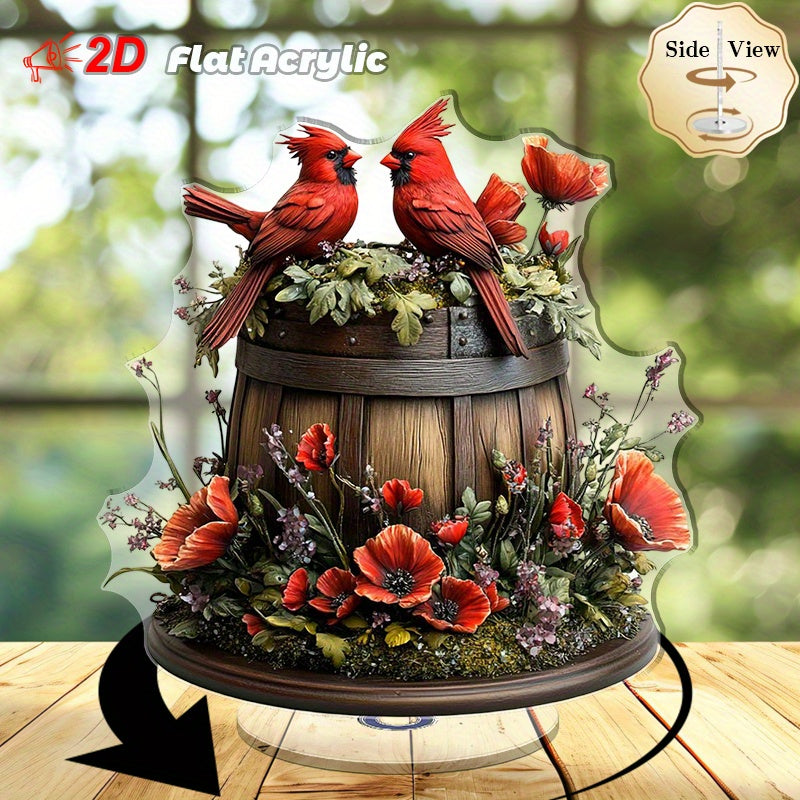 TEMU [2d Flat] Revolving Acrylic Tabletop Ornament With 3 Red & Floral Barrel Design – Vibrant Red , Greenery, And Blooming Poppies For Home Decor,