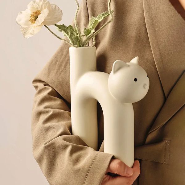 Vases Cute Cat Vase Cathead H-shaped Tube Vase Flower Arrangement Hydroponics Accessories Home Furnishing Decoration Vases Pots 231117
