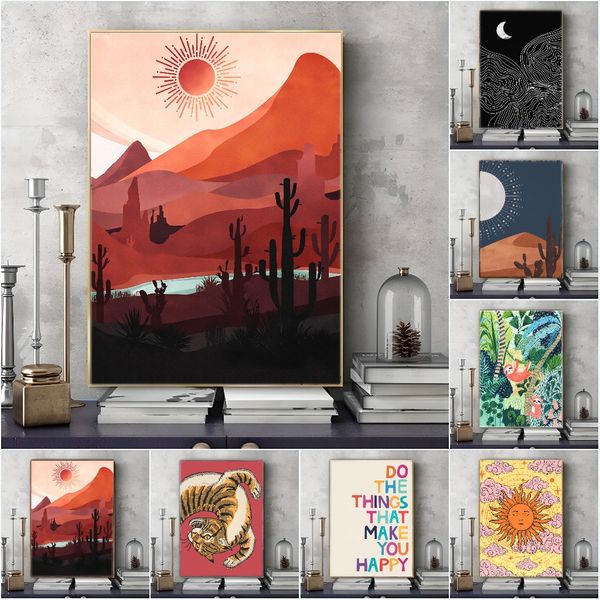 Framed Set of 2 Painting Prints,Cactus desert landscape, abstract plants and flowers, natural boho decor, mid century modern style