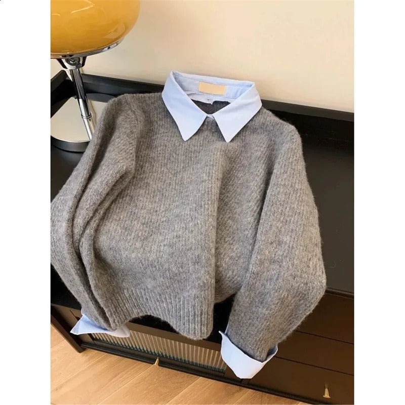 Two shirts Collar Sweater Womens Autumn Outfit Lazy Linterior Contrasting Color Gray Knit Top With Flip 241116