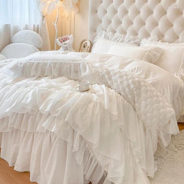 Bedding Sets White Lace wers Princess Duvet Cover Cotton Korean Style Set Bed Skirt Pillowcase Solid Color Bedclothes