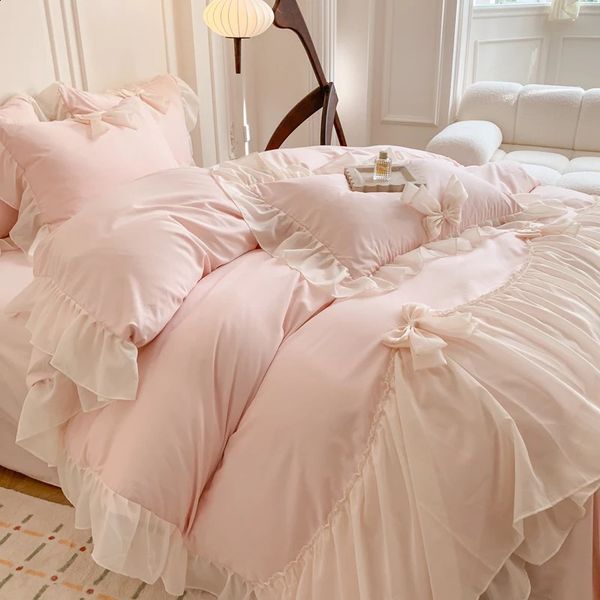 Chiffon Lace Bedding Set Pink France Romantic Princess Wedding Ruffles Bow Soft Duvet Cover Bed Sheet Pillowcases Home Textile 240828