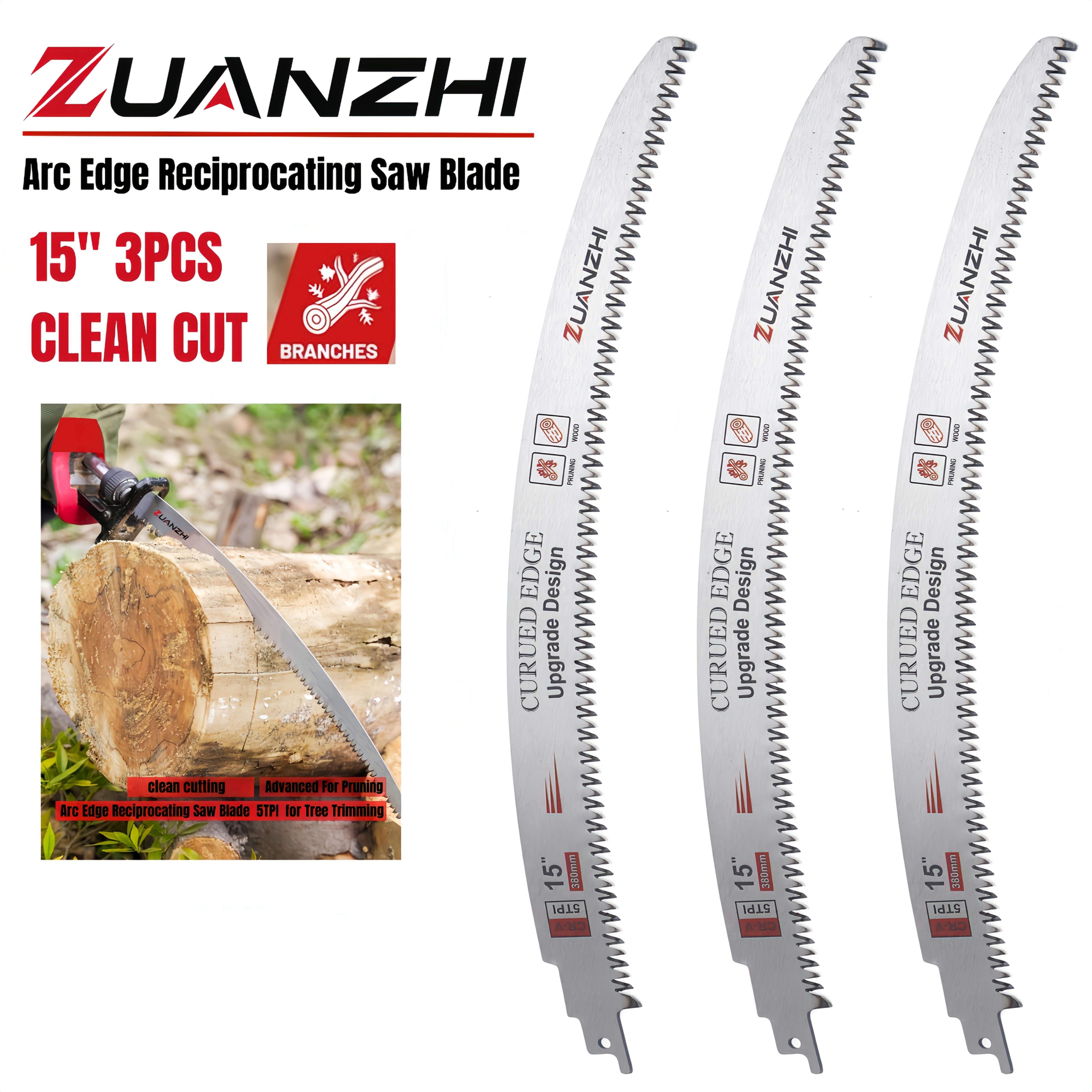TEMU 3-pack Heavy-duty 15” & 12” Arc Edge Reciprocating Saw Blades - 6tpi Japanese Teeth, Ultra-hardened -like () Wood Cutting Chainsaw-like Saws For