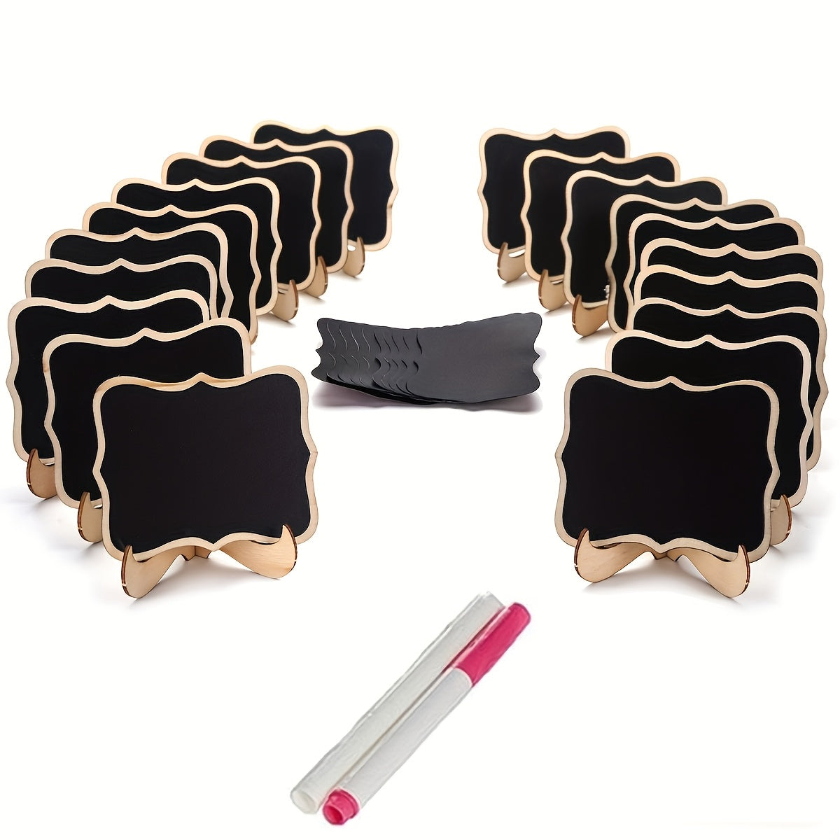 TEMU 20pcs Wooden Mini Blackboard Signs - Including 2 Pencils And Stickers. Portable Desktop Blackboard, Suitable For Wedding Seating Cards, Office