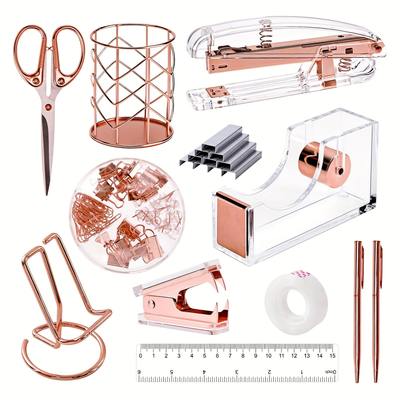 TEMU Rose Golden Desk Accessories For Home, School And Office, Bookshelf, Acrylic Staple Remover, Holder, Tape Holder, Pen Holder, Ballpoint Pen,