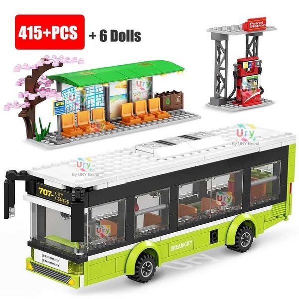 City Traffic Car Green Blue Passenger Bus Station Single-Deck Public Set Figures Model Building Blocks DIY Toys for Boys GiftsC250210