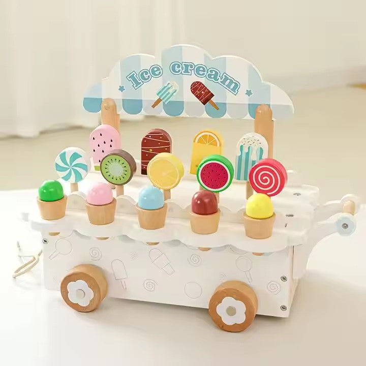 Wooden Ice Cream Selling Children Pretend Play House Puzzle Toy Baby Simulation of Danish Aristocrat Ice Cream Truck Education for Kids