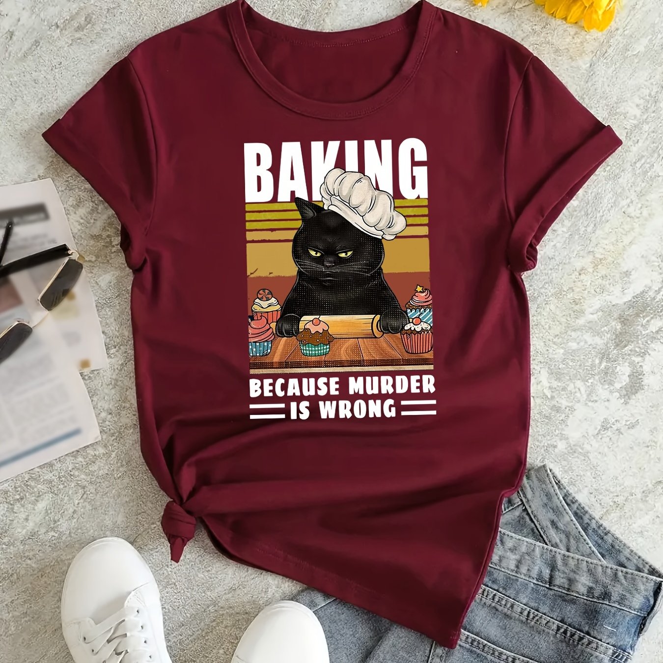 TEMU Black Cat Print Short Sleeve Blouse - Summer Round Neck Casual Top With Cute Kitten Design, Machine Washable Regular Fit Shirt For Casual Attire