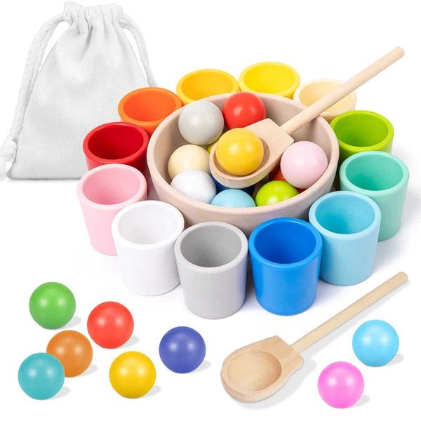 Baby Montessori Wooden Toy Rainbow Ball and Cups Color Sorting Games Fine Motor Early Education Learning Toys Gifts for ChildrenC241025