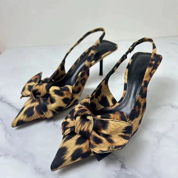 TRAF Womens Leopard Pattern Dot End High Heels Pump Summer Fashion Bow Knot Slim Elegant High Heels Mule Womens Shoes 241121