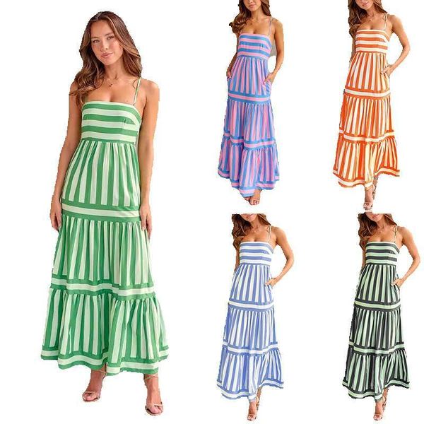 New Style Womens Clothing Positioning: Printed Suspender Backless Pocket Large Swing Dress for Women Short Temperament Waist Round Neck Dres