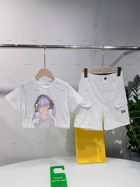 Popular girls tracksuits Summer Short-sleeved suit baby Two piece set kids designer clothes Cartoon character print T-shirt and solid color