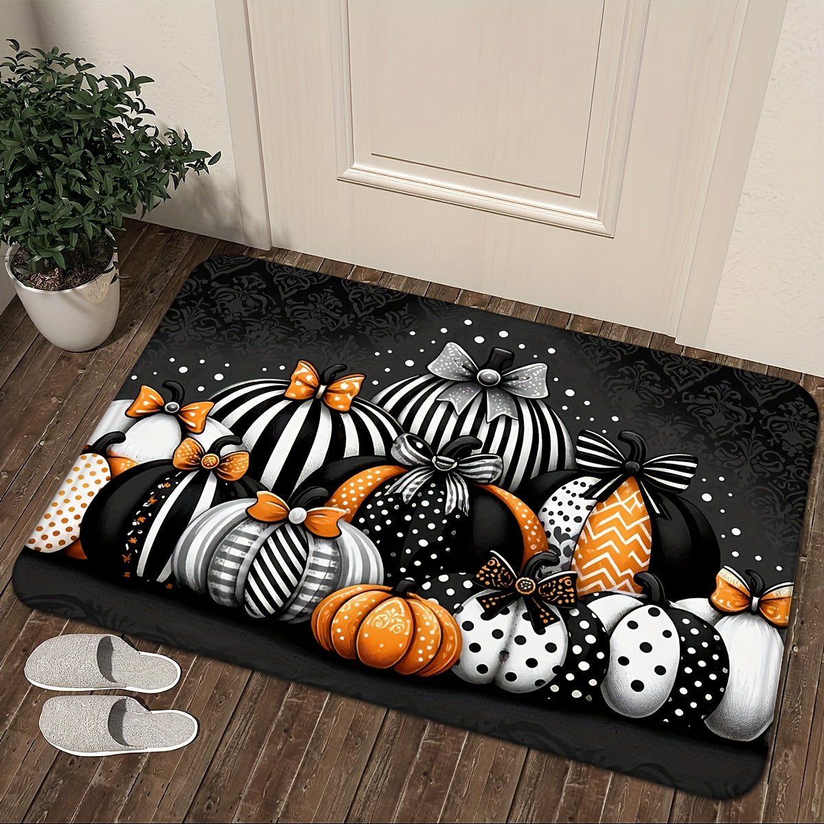 TEMU 1pc Non-slip Absorbent Halloween Flannel Door Mat With Rubber Backing - For Entrance, Kitchen, Living Room, Multi-holiday Floor Mat (pumpkin,