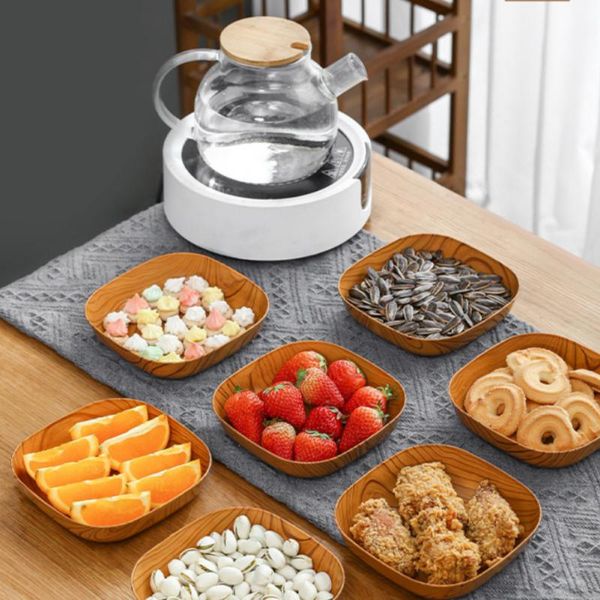 Kitchen Wood Grain Plastic Square Plate Dried Fruit Fruit Cake Snack Plates Snack Tableware Kitchen Bowl Dish Dinnerware