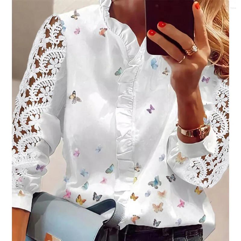 Women&#039;s Blouses Camisas Spring Solid Button Lace Splice V-Neck Shirt Top White Women Blusas De Mujer Bonitas Y Baratas