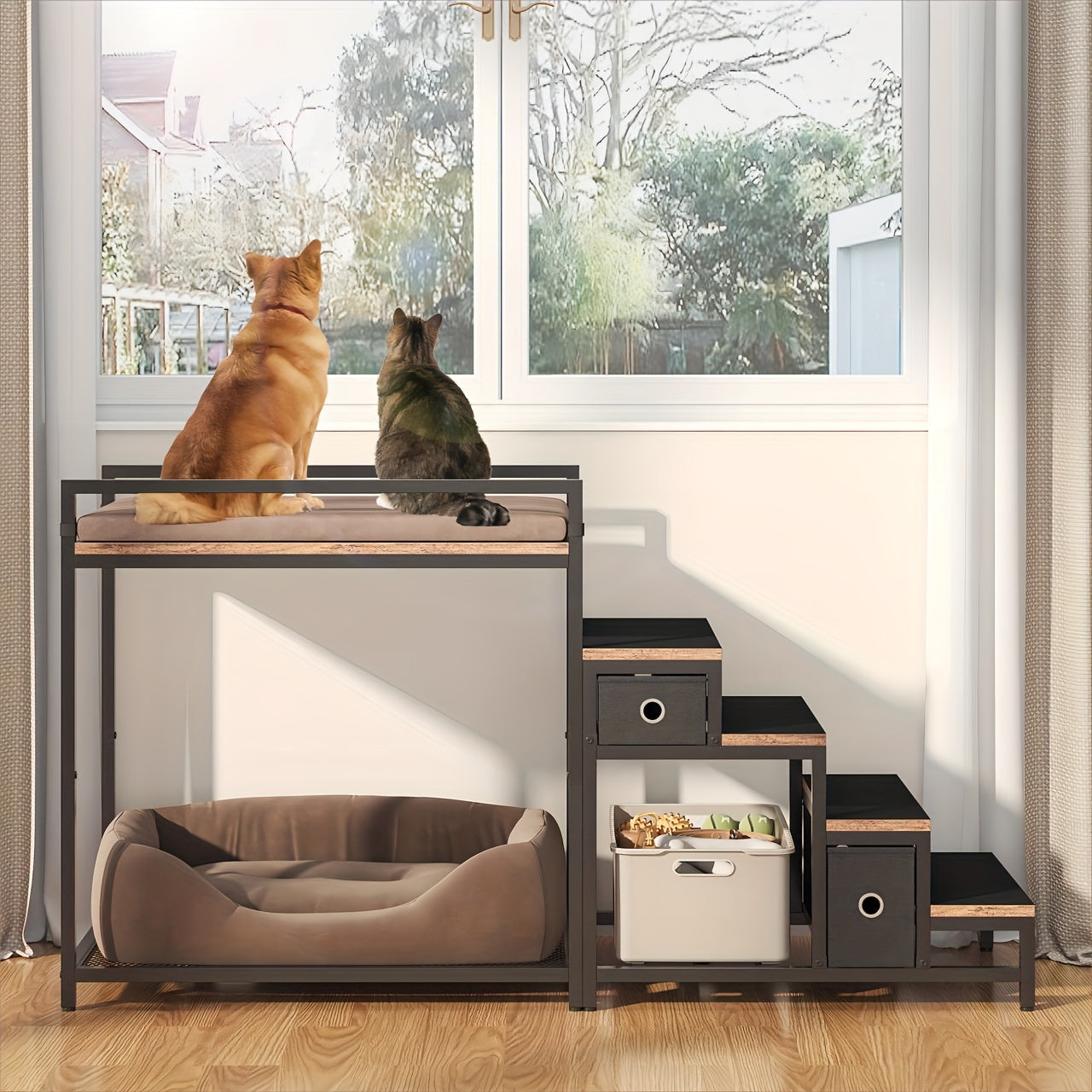 TEMU Pet Bunk Bed With Stairs And Storage, Dogs-cats Window Perch, Elevated Dog Bed Multi-level Platform With Foam Upholstery