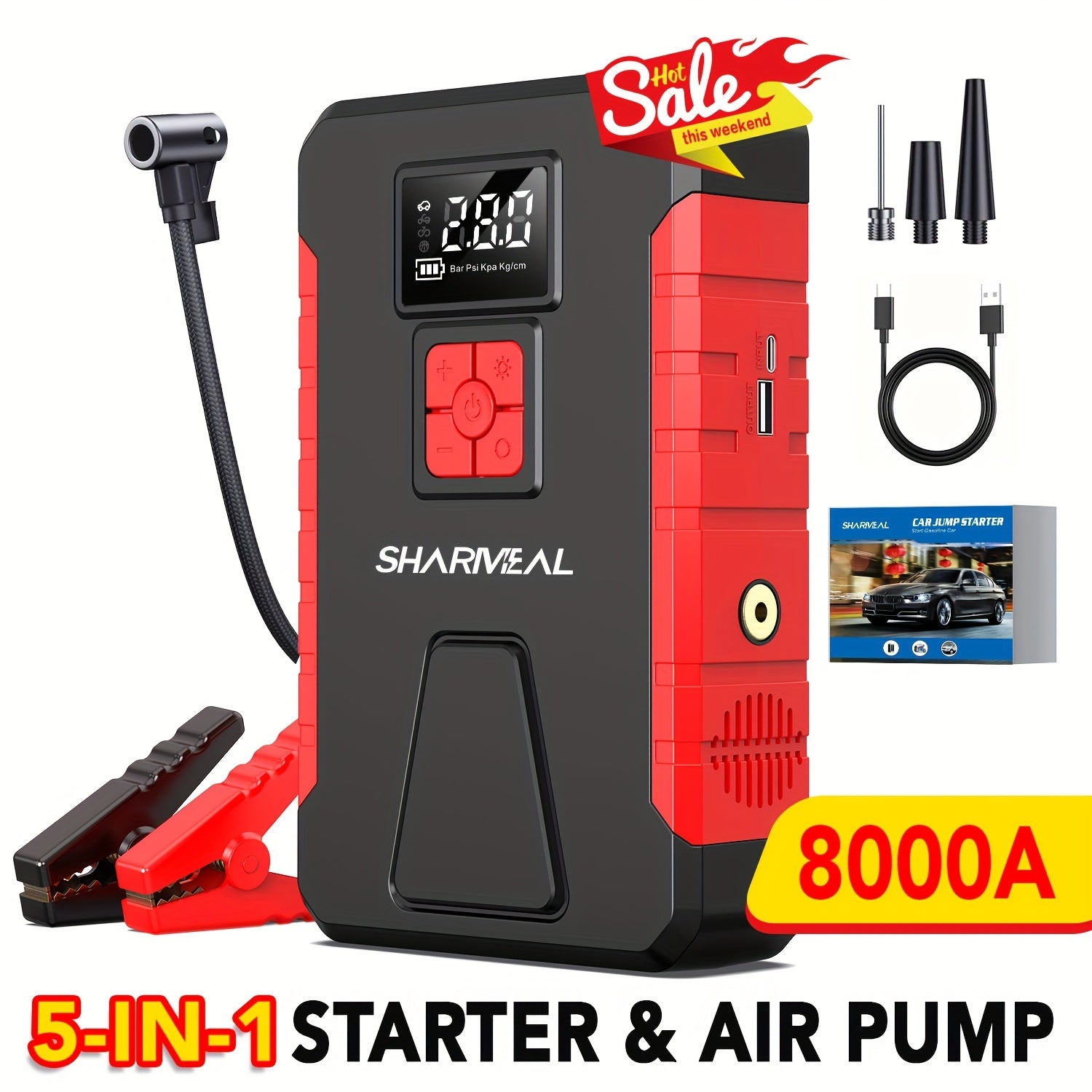 TEMU Sharmeal 8000a Car Jump Starter & 160psi Portable Tire Inflator Emergency Jump Box, Car Battery Charger Portable For 12v (-8l ) Start The Car