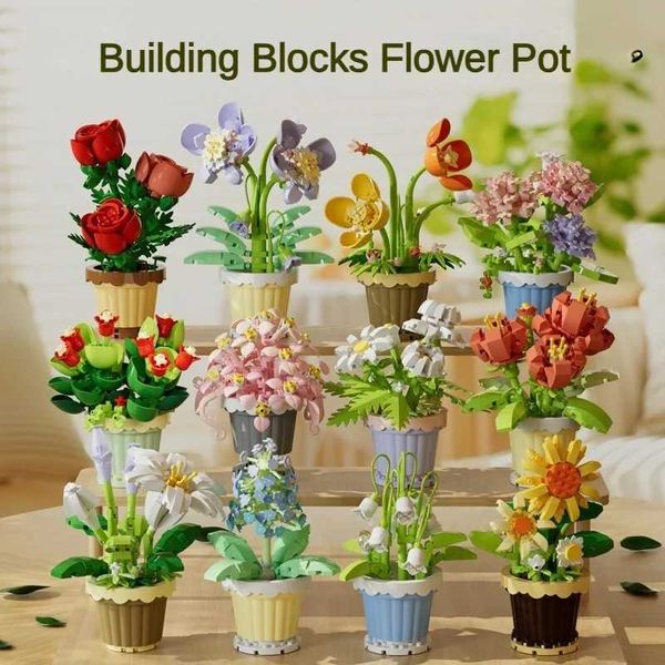 Building block flower pottery plant decoration small size sunflower rose lily DIY compatible with building block toys for girls CL240827