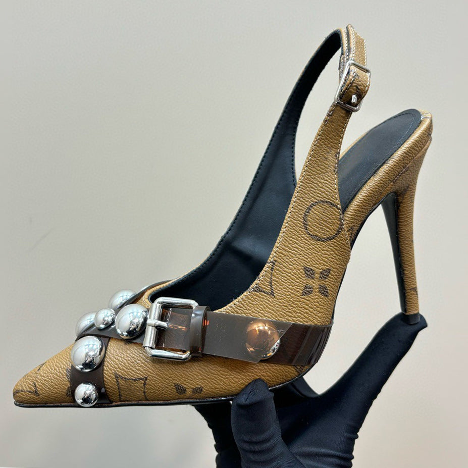 New Printed Cowhide High Heel Sandals Top Metal Buckle Fashion Ladies Dress Shoes Luxury Designer Classic Evening Dress Shoes Factory Footwear Size