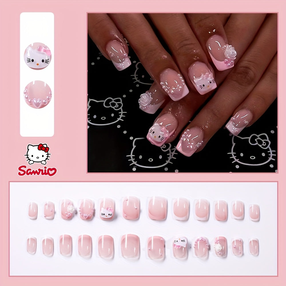 TEMU 24pcs For Hello Kitty Nail Stickers - Cute Cartoon Design, Glossy Finish, Removable Press-on Nails For Manicure & Pedicure, Hand & Foot Care,