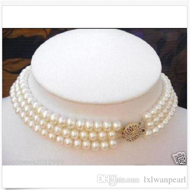 Beaded Necklaces Real Charming Natural South Sea Triple Strands 8-9MM White Pearl Choker Necklace
