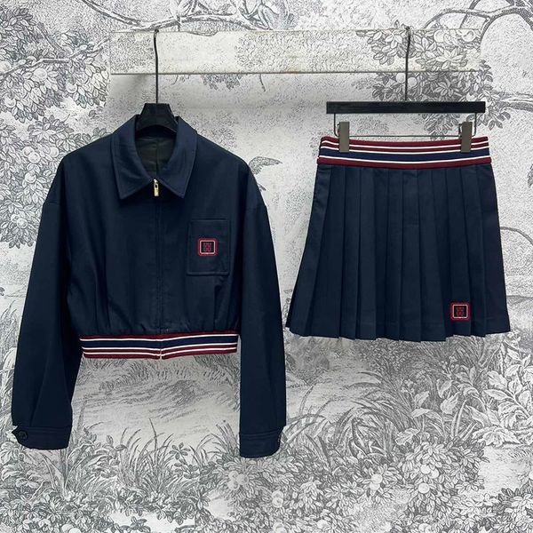 Retro Short Coat Short Skirt Lapel Zipper Jacket Stripe Elastic Waist Pleated A Line Skirts Two Piece Set