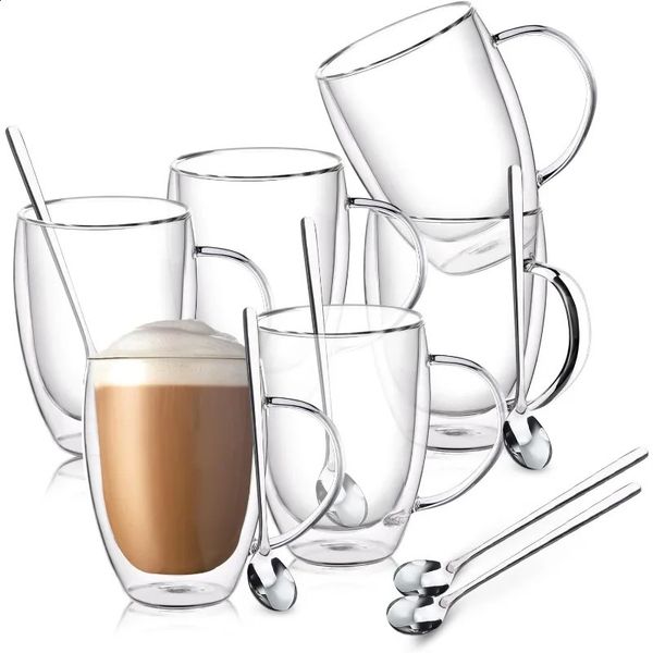 Double walled glass coffee cup 12 ounce transparent with handle 6 sets of insulated cups perfect for espresso 240923
