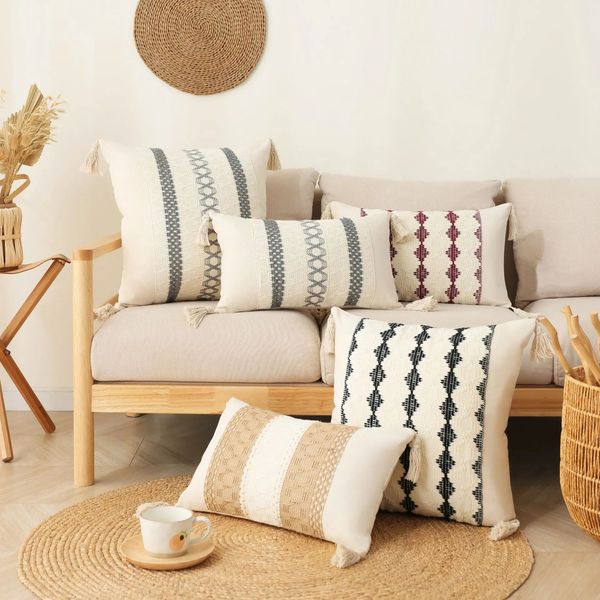 Boho Cotton and Linen Tassel Cushion Cover Geometric Woven Crochet Pillowcases Fringed Handmade Home Decoration 55x55-60x60cm 241217
