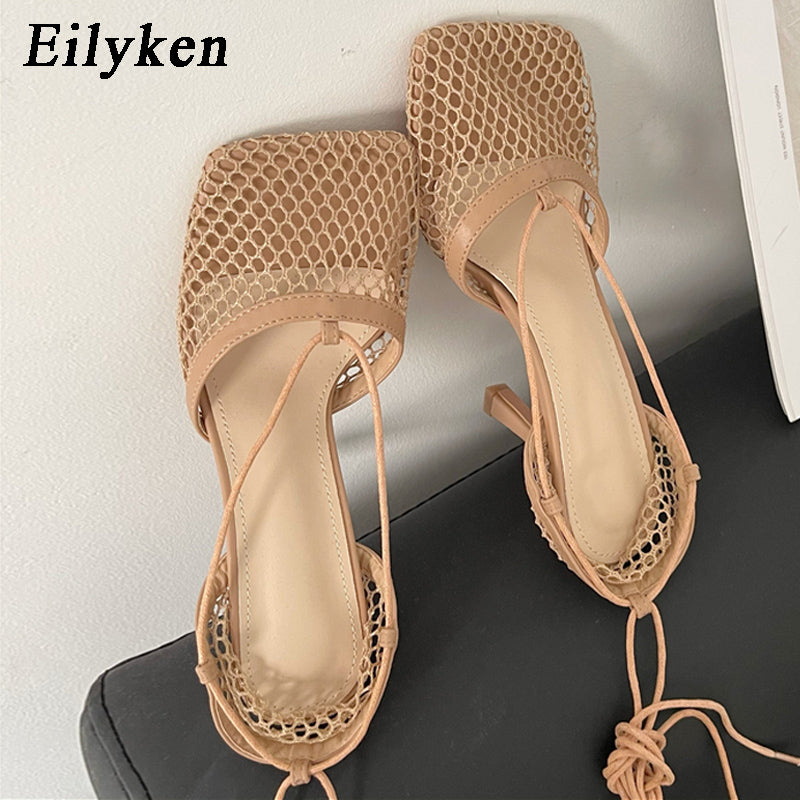 Eilyken Spring Women Pumps Mesh Sandals Shoes Female Square Toe High Heel Lace Up Cross-tied Stiletto Hollow tacones de mujer