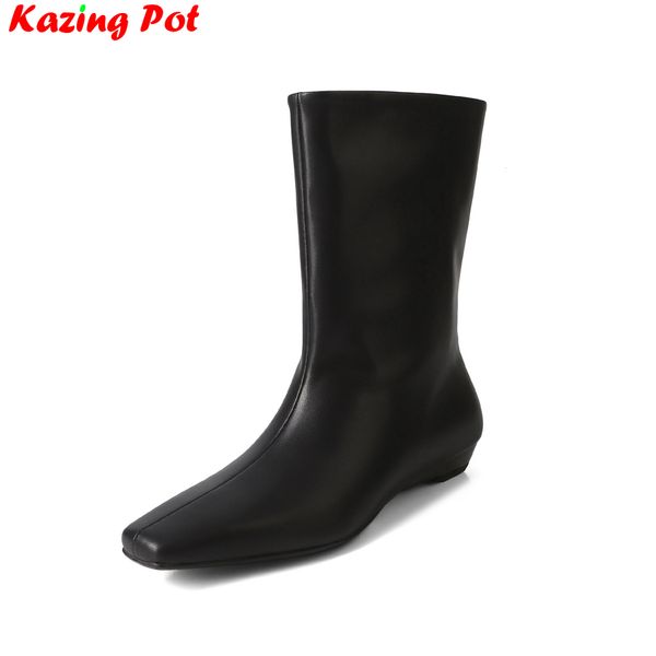 Krazing Pot Kid Suede Leather Square Toe Low Heels Modern Casual Winter Autumn Brand Office Lady Concise Women Ankle Boots