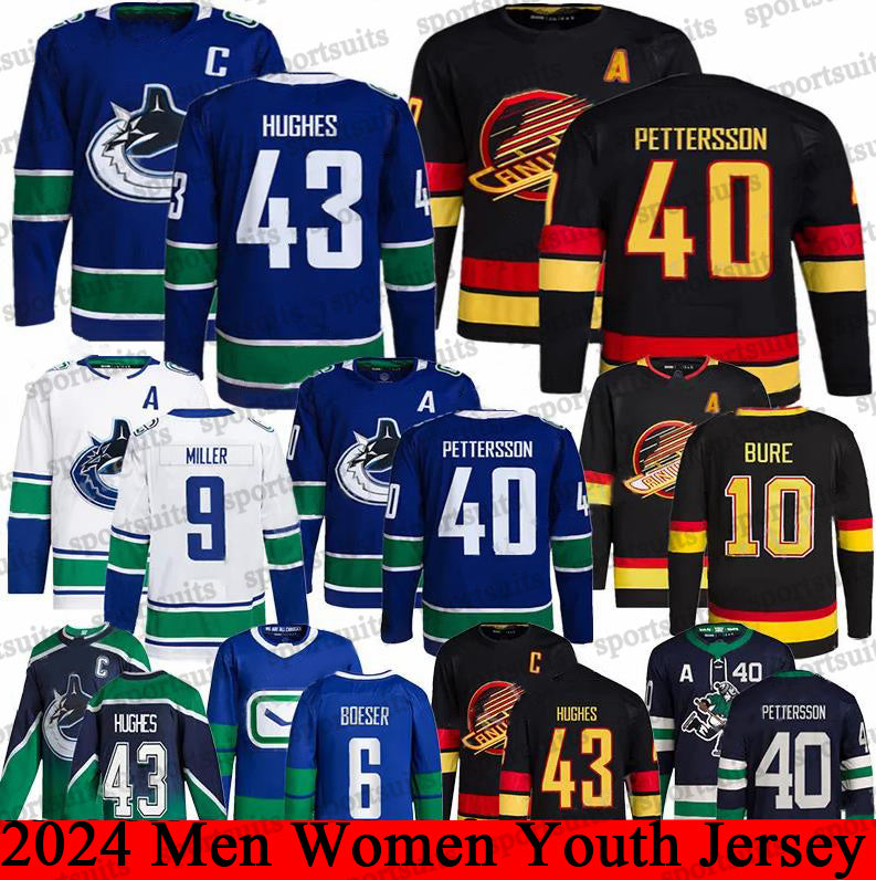 #43 Quinn Hughes Canucks hockey jersey #40 Pettersson Elias Lindholm Brock Boeser Dakota Joshua Linden J.T. Miller Conor Garland Pavel Bure jerseys