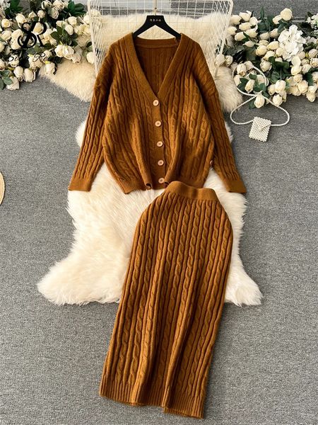 SINGREINY Winter Women Retro Suits V Neck Long Sleeve Loose CardiganSlim Elastic Waist Skirts 2023 Fashion Knit Sweater Sets 231228
