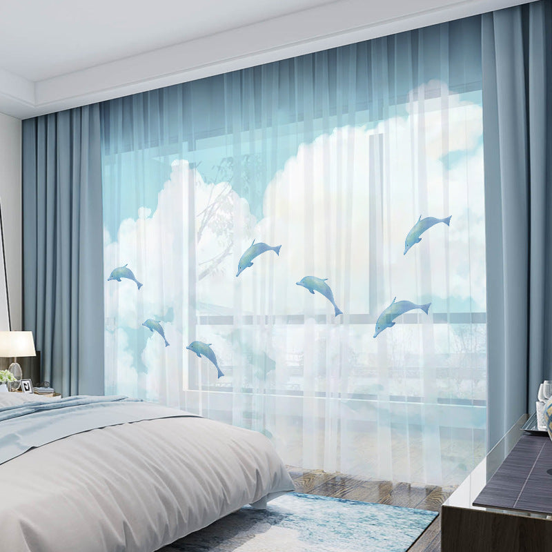 YL-36663 New Whole House Modern American Curtain Dolphin Blue Sky White Cloud Bedroom Blackout Window Screen