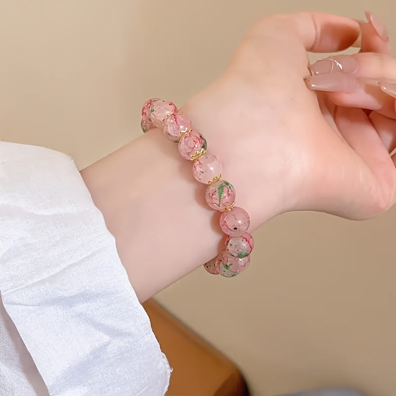 TEMU 1pc Elegant Sakura Cherry Glass Bead Bracelet - With Golden Accents, High- Beads For Casual Attire, Christmas Gift For Women, Jewelry Accessory