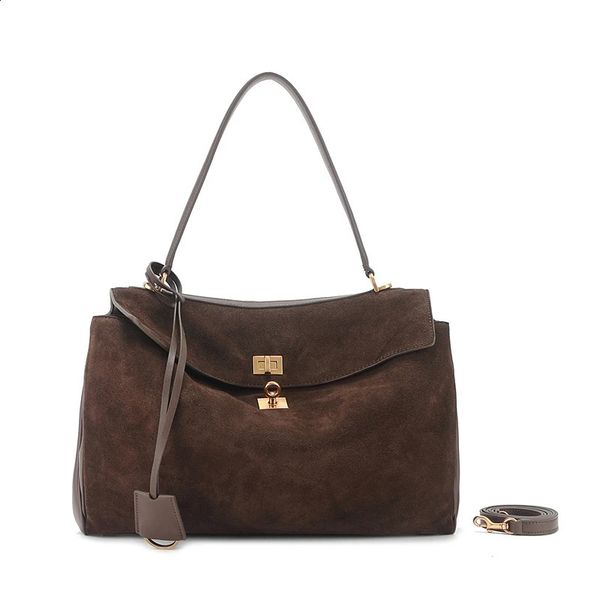 Women Bags Genuine Leather Brown Suede Women tote Gold Buckle Women Shoulder Bags Fashion Women Handbags 240907 X240928