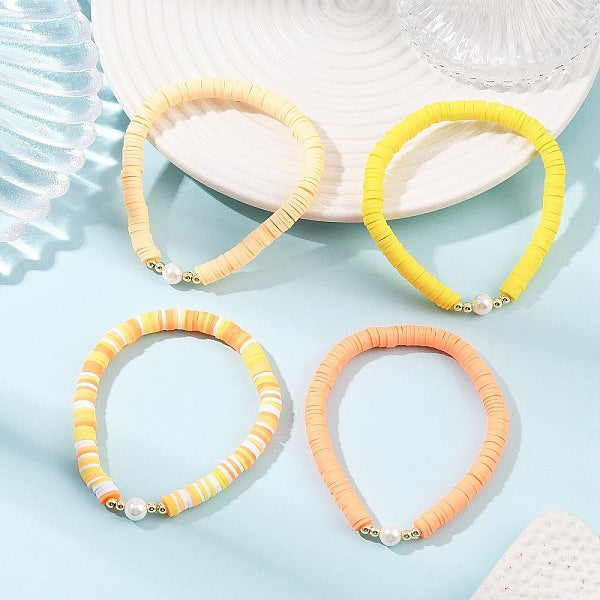4Pcs 4 Colors Handmade Polymer Clay Heishi & Shell Pearl Beaded Stretch Bracelets for Women