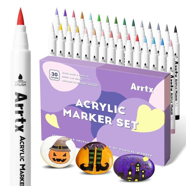Markers Arrtx 30-32-36 Colors Acrylic Paint Marker Brush Tip Pens for Rock Stone Ceramic Porcelain Mug Wood Fabric Canvas Marking Pens H2412