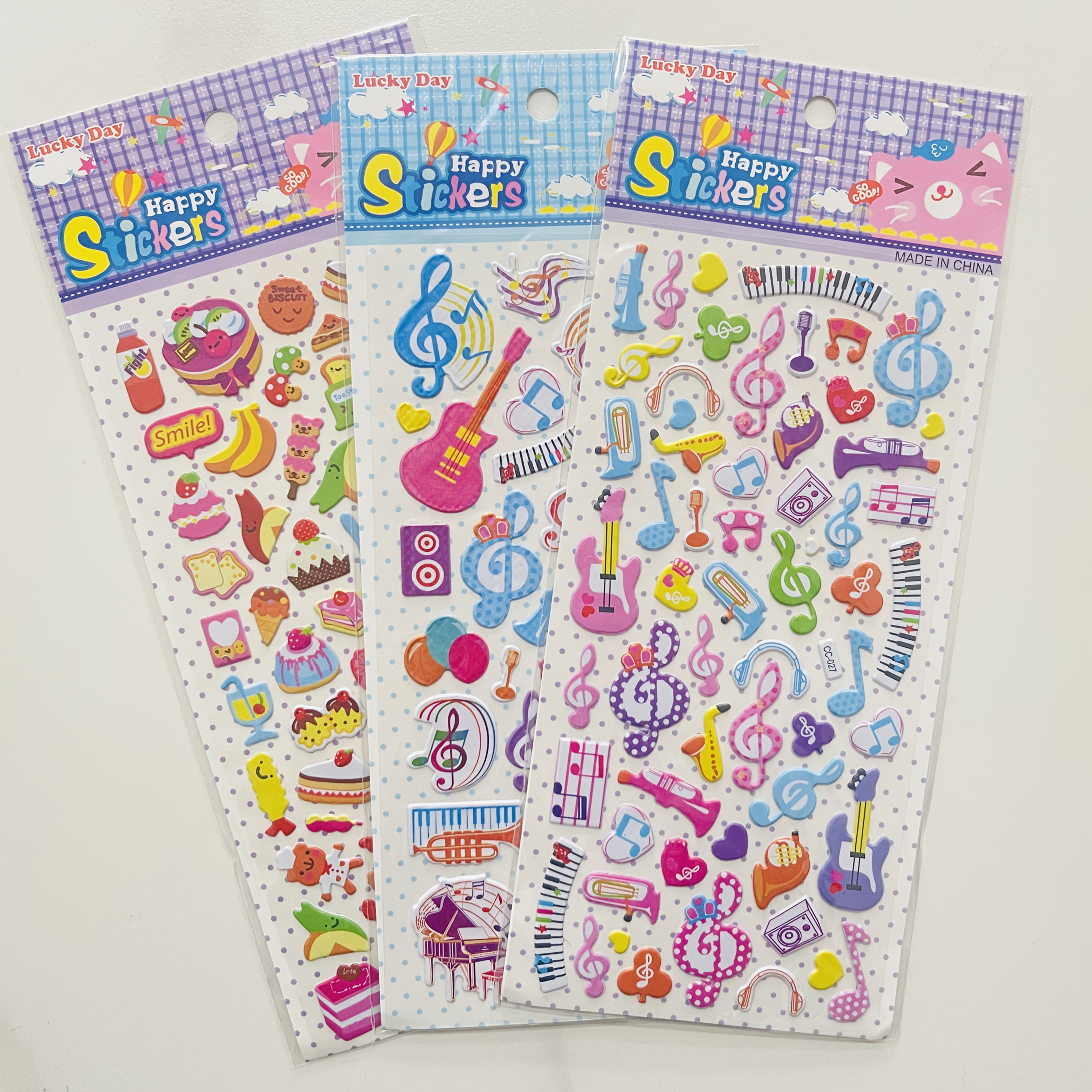 TEMU 3 Sheets Of Colorful Music Notes & Dessert Cake Bread Stickers - Self-adhesive, Reusable For Scrapbooking, Notebooks, Water Bottles, Classroom