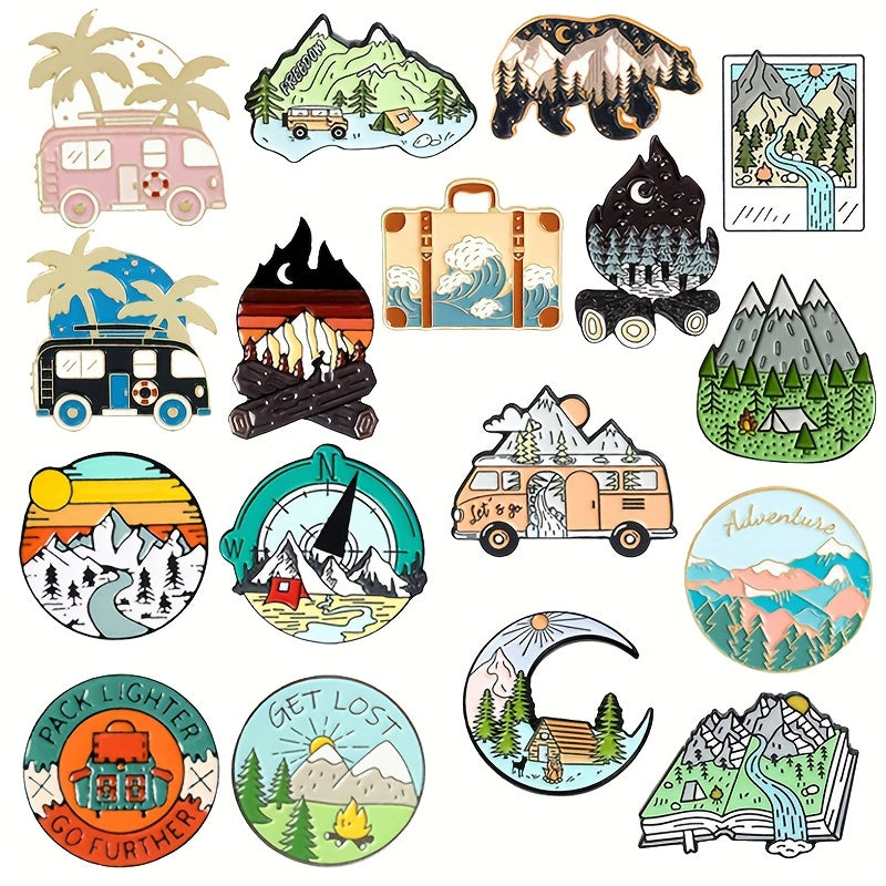TEMU 17pcs Creative Cartoon Travel Scenery Series Brooch, Interesting English Letters, Badge Accessories, Clothes, Hats, Backpacks, Decorative