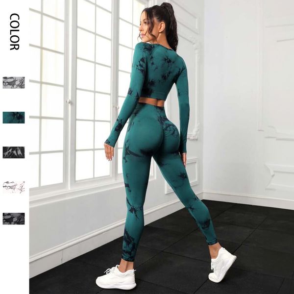 Seamless tie dyeing fitness exercise long sleeved high waisted honey tight pants yoga set for women DDML