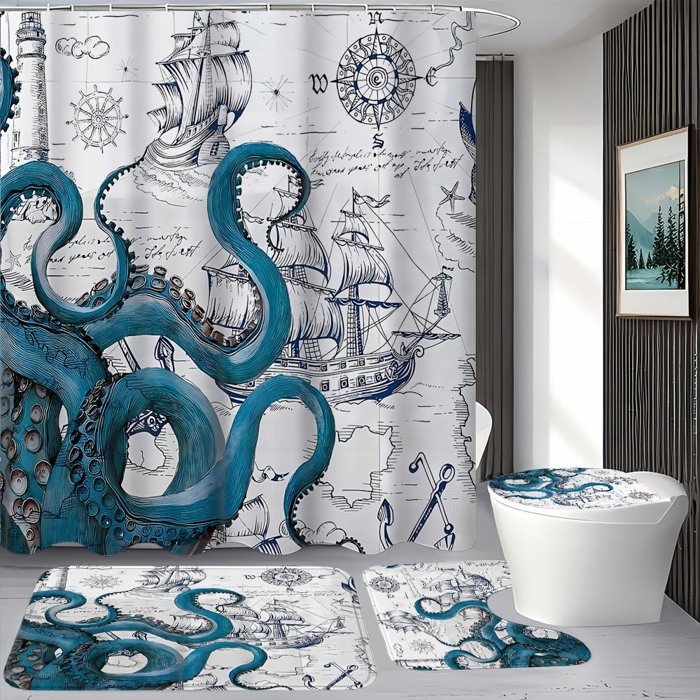 TEMU 1-4pcs Marine Animal Pattern, Shower Curtain Set With 12 Hooks, Non Slip Floor Mat, Bathroom U-shaped Mat, Toilet Seat Mat, Bathroom Sets Full