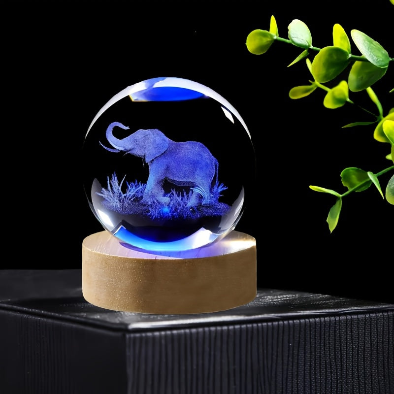 TEMU 2.36" 3d Elephant Crystal Ball Lamp With Color-changing Usb-powered Wooden Led Base - Handcrafted Art Deco Tabletop Light, Blue , Perfect Gift