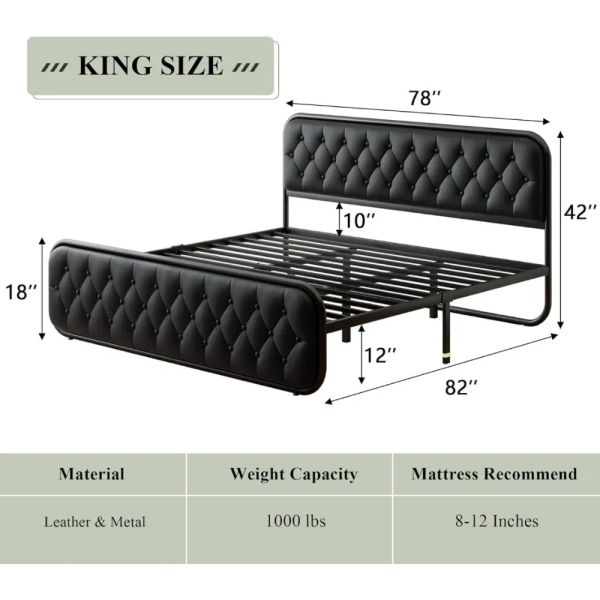 Noise-Free King Size Bed Frame Heavy Duty Bed Frame With Faux Leather Headboard Bedroom Furniture 12" Under-Bed Storage Black