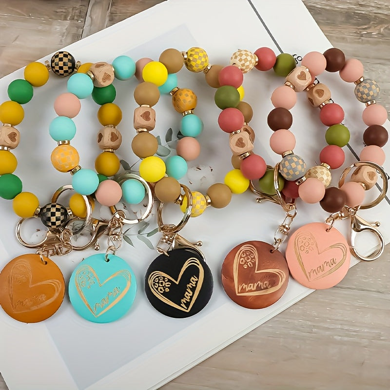 TEMU 5pcs Set Of Checkered Wooden Bead Beads Heart-shaped Mama Wooden Pendant, Keychain, Ladies' Keychain, Holiday Gift, Gift